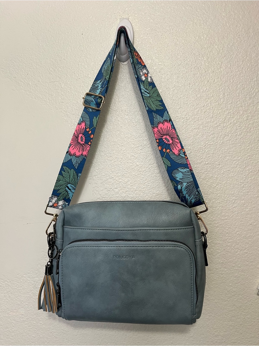 Dusty Teal Crossbody Bag with Floral Adjustable Strap